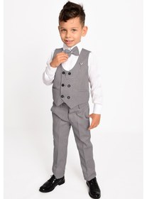 Resim Merdia Kids Erkek Çocuk Smokin Takım Elbise Gömlek, Pantolon, 6 Düğmeli Yelekli, Papyonlu, Zincirli Gri 