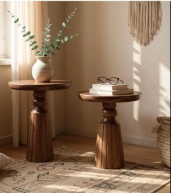 Resim ASELYA HOME Doğal Ahşap 2’li Set Mantar Yan Sehpa Modern Fiskos Zigon Çiçeklik 