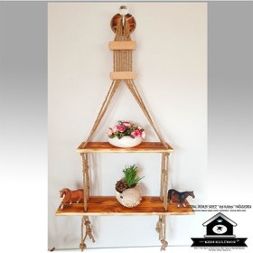 Resim Kedikulübesi Raf - Kitaplık - Çiçeklik - Şaraplık - Ahşap Halatlı Eskitme Raf 