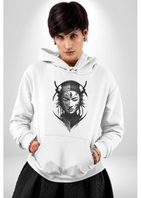 Resim Asyalı Samuray Siyah Beyaz Dövmeli Çift Yüz Kadın Erkek Beyaz Kapüşonlu Sweatshirt Hoodie Beyaz 