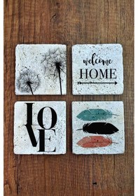 Resim Doğal Taş Bardak Altlığı 4'lü Set - Home - Love Desenler Baskılı Stone Coasters Çok Renkli 