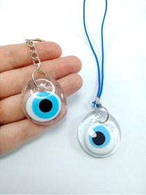 Resim Ennea Art Saydam Nazar Boncuğu Araba Dikiz Ayna Süsü + Anahtarlık Ikili Set El Yapımı Cam Hediyelik Eşya Seti 