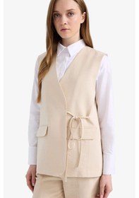 Resim DeFacto V Yaka Bağcıklı Basic Düz Blazer Yelek E4358AX25SPBG702 Bej 