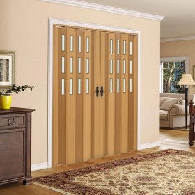 Resim Faran Dekorasyon 305 x 230 Meşe Renk Camlı Çift Açılım Pvc Akordiyon Katlanır Kapı FRNAKMODEL-334 