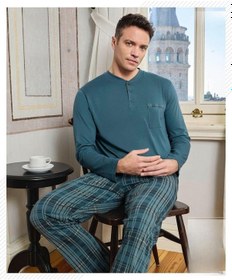 Resim Pijamoni Erkek Düğme Yaka Uzun Kol Mevsimlik Pijama Takımı 6800/10 - 1 Adet Petrol 