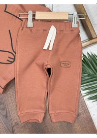 Resim Waffle Kumaş Omuzdan Çıtçıtlı Animal Baskılı Erkek Bebek 2'li Takım Kahverengi 