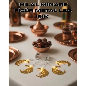 Resim Aesco Mey Ithalat® Minareli Hilal LED Işık Gold Metal Gövdeli Pilli Ramazan Dekoru 