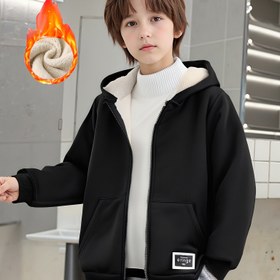 Resim Kapüşonlu, polar astarlı rahat ceket - Polyester ve elastan karışımı - Kanguru cepli düz renk - Hafif esnek fermuarlı kapüşonlu - Sonbahar/Kış için örme kumaş - 3 yaş ve üzeri için 
