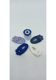 Resim Amigurumi Örgü 5 Adet Çıtçıt Prenses Toka Seti Mavi Tonları Tek E Çok Renkli 