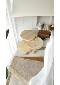Resim 3 Lü Set Wood Wooden Minimalist Mantar Yan Sehpa Ahşap Modern Natural Ahşap 