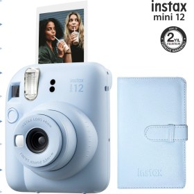 Resim Instax Mini 12 Mavi Fotoğraf Makinesi ve 96'lı Laporta Albüm Seti 