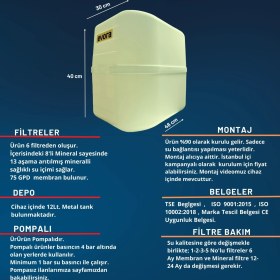 Resim Evora 13 Aşamalı 12 Litre Beyaz Kapalı Kasa Pompalı Su Arıtma Cihazı 