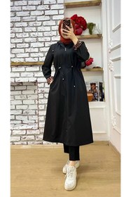 Resim Vibeys Collection Siyah Içi Leopar Desenli Ve Kendinden Astarlı Su Geçirmez Kadın Trençkot 