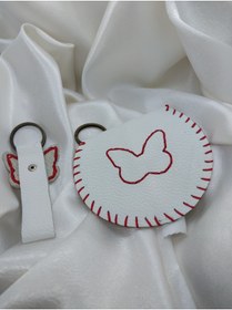 Resim sorte store Hakiki Deri Beyaz Renkli İşlemeli Cüzdan ve Anahtarlık Set 