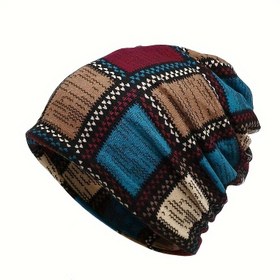 Resim Retro Etnik Baskılı Izgara Desenli Örgü Bere - Dış Mekan Bisiklet Sürüşü & Günlük Kullanım İçin Esnek Sıcak Kışlık Şapka, Makinede Yıkanabilir Unisex Mavi Kap, Esnek Kumaş Başlık 