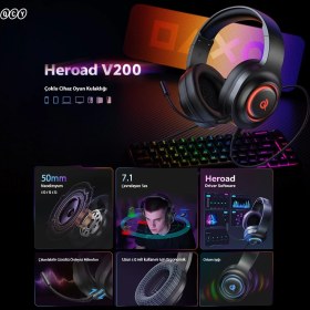 Resim QCY Heroad V200 RGB 7.1 USB Kablolu Gaming Oyuncu Kulaklığı Siyah 