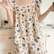Resim Allover Karikatür Baskı Lounge Seti, Sevimli Fırfır Kollu Kare Yaka Üst Ve Şort, Kadın Loungewear 