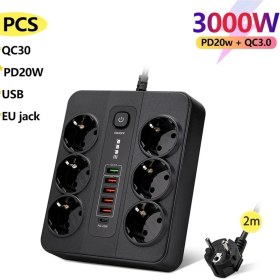Resim Termal Akım Korumalı 3000W 6 Lı Priz 2 Metre Uzatma Kablosu Çoklu Priz 5 USB 1 Type C Pd Giriş 