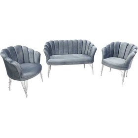 Resim Garden House Gri Kumaş Gümüş Metal Ayaklı Gümüş Şeritli Çay Seti Koltuk Ofis Koltuk Takımı Bekleme Koltuğu Gri 