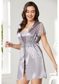 Resim Pierre Cardin Royal Saten Dantelli 3'lü Kadın Sabahlık-şort Takım 2480 Royal 