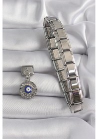 Resim 316l Çelik Gümüş Renk Sallantı Zirkon Taşlı Göz Model Nazar Boncuk Detay Nomination Charm Çok Renkli 