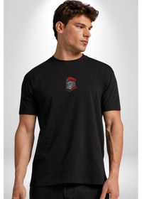 Resim Kırmızı Şapka Maymun Siyah Oversize Unisex Ön Orta Minimal Baskılı Tişört Siyah 