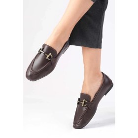 Resim Mio Gusto Manon Deri Kahverengi Zincir Aksesuarlı Küt Burunlu Kadın Loafer Ayakkabı 