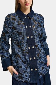 Resim Kadın İndigo Selvedge 7s6-50 Oversize Dantel Nakış Çiçek Detaylı Özel Tasarım Denim Ceket - indigo / M 
