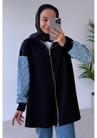 Resim Ka Hijab Kolları Kot Detaylı Triko Hırka - Siyah Siyah 