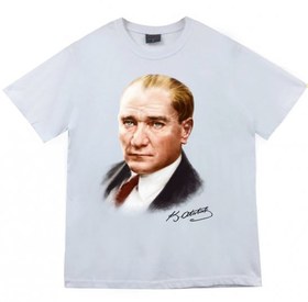 Resim Gazi Mustafa Kemal Atatürk Baskılı T-shirt BEYAZ 5XL 