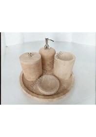 Resim Sarı Traverten Klasik Model 5 Parça Gümüş Renk Düğme Aksesuarlı Banyo Seti Sarı Traverten 