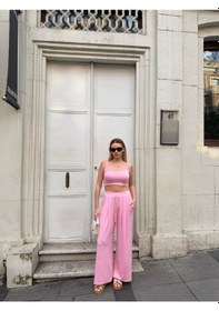 Resim Bonacosa Kadın Viskon 3 Lü Takım Kimono + Beli Lastikli Salaş Pantolon + Crop 8 Renk Pembe 