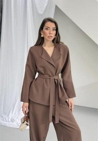 Resim Neşeli Butik kadın kahverengi kuşak detaylı oversize şalvar pantolon blazer ceket takım NBNP023 