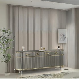 Resim Maya Antrasit Gold Lüks Konsol 4 Kapak Oval Gövde Pramit Ayaklı 180x45x84 Cm Antrasit - Gold 