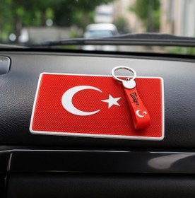 Resim TKY Tasarımı Kendin Yap Türk Bayrağı Desenli Araç İçi Torpido Üstü Kaydırmaz Ped ve Anahtarlık Seti 