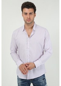 Resim Erkek Kalın Dik Çizgili Uzun Kollu Slim Fit Gömlek 21y-4300599 Lila Lila 