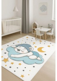 Resim Uyuyan Ayıcık Ve Yıldızlar Çocuk Odası Halısı Beyaz 