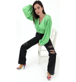 Resim Beli Drapeli Balon Kol Bluz - Yeşil 