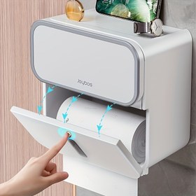Resim 1 adet Çift Katmanlı Banyo Kağıdı Tutucu, Çekmeceli Duvara Monte Plastik Kağıt Kutusu, Güçlü Su Geçirmez, Delme Gerektirmez, Dikdörtgen Şekil 