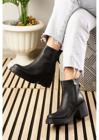 Resim Günlük Kadın Bot Fermuarlı Kalın Yüksek Topuklu Traktör Tabanlı Kürklü Astarlı Bootie 2401 Siyah 