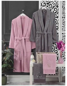 Resim 4 Parça Aile Bornoz Seti Kadın Erkek Havlulu Bornoz Takımı Lavanta - Beyaz 