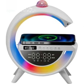 Resim Arell Teknoloji BT-3402 Masaüstü LED Gece Lambası Dijital Saat Bluetooth Hoparlör Kablosuz Şarj Standı Disko Topu 