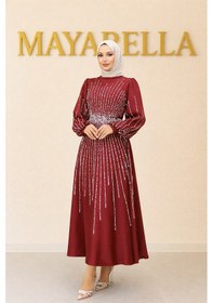 Resim Mayabella İşlemeli Saten Tesettür Abiye Bordo Bordo 