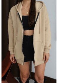 Resim Balenbi Kadın 3 İplik İçi Polarlı Kapüşonlu 75cm Oversize Sweat Hırka 1129 Bej 