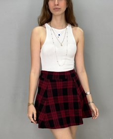 Resim Tam Moda Kadın Kışlık Ekose Bordo Kloş Etek 