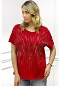 Resim Bol Kesim Bisiklet Yaka Büyük Beden Crystal Taşlı Kadın T-shirt Kırmızı 