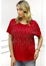 Resim Bol Kesim Bisiklet Yaka Büyük Beden Crystal Taşlı Kadın T-shirt Kırmızı 