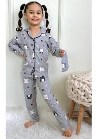 Resim Kız Çocuk Düğmeli Kedi Desenli Uzun Kollu Pijama Takımı-932 Gri 