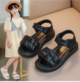 Resim Çocuklar Yaz Yürümeye Başlayan Daireler Küçük Kızlar Moda Plaj Sandaletleri Prenses Elbise Parti Örgü Yumuşak Taban Bebek Bebek Ayakkabısı Siyah 