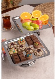 Resim 2'li Gümüş Kare, Ayaklı Şık Kek, Pasta, Kurabiye Ve Tatlı Servis Sunum Standı Gümüş 